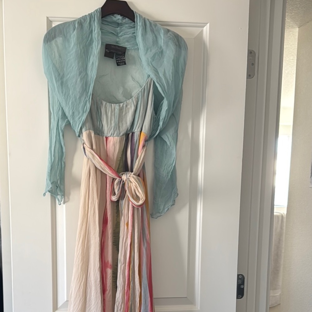 MaxMara colorful Striped Dress with Sheer Blue Shrug